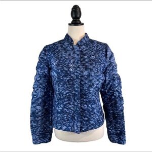 Chico’s Zip Front Jacket Blue Print Ruched Detail, Size 2